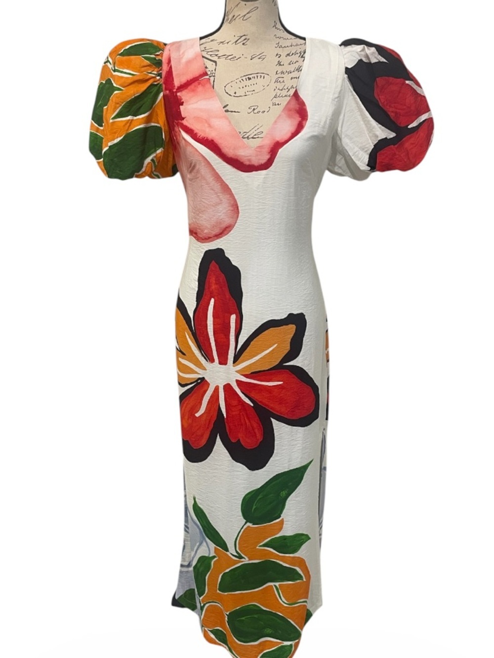 Anthropologie Floral Puff Sleeve Midi Dress Side Slit Resort Boho NWT Small - Picture 6 of 16